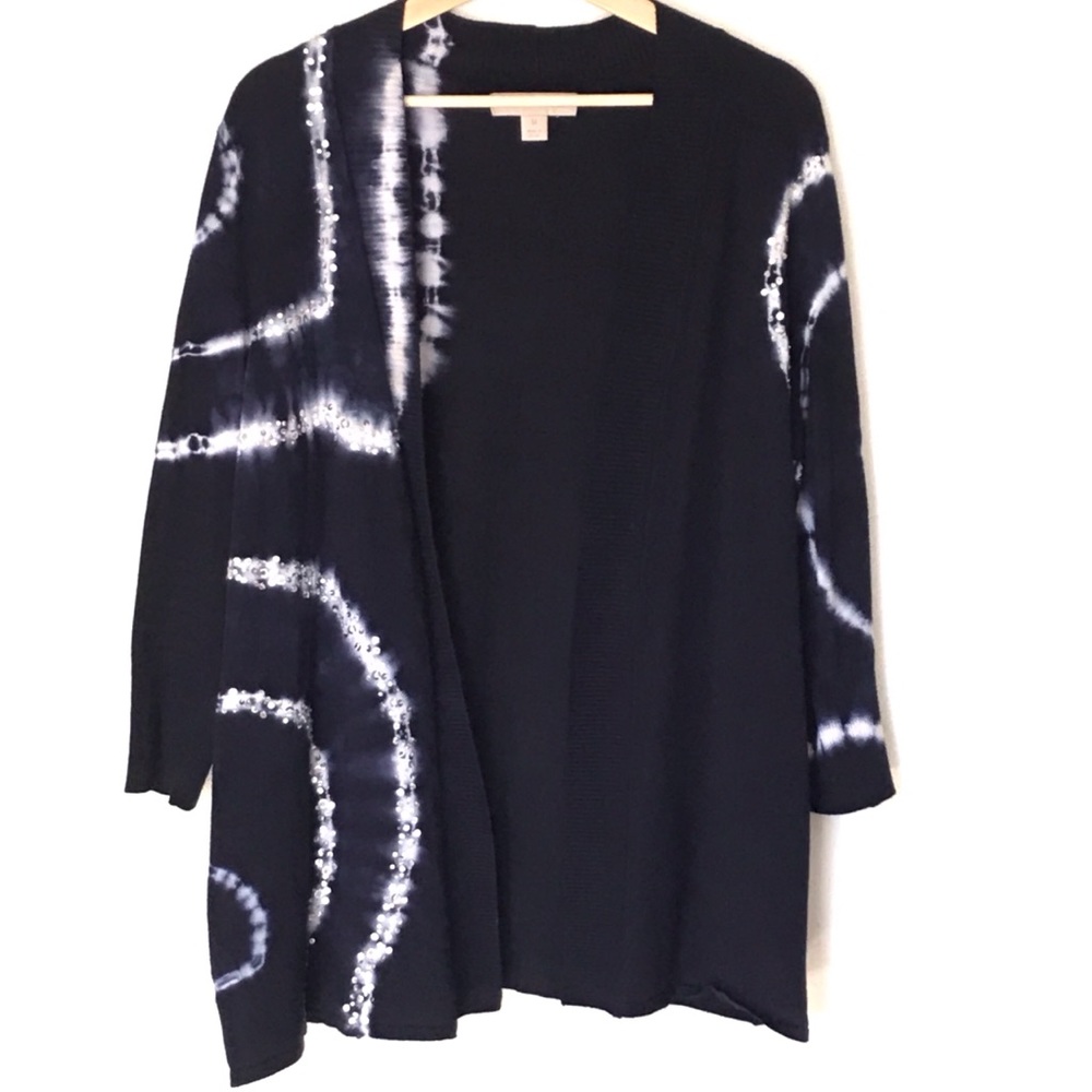 Laura Ashley Cardigan Sweater Size Medium Navy Tie Dye Sequin Open Draped Front